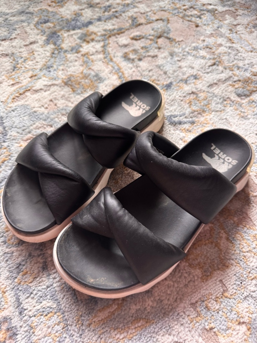 Sorel Black Twisted Strap Slide Sandals with White Sole